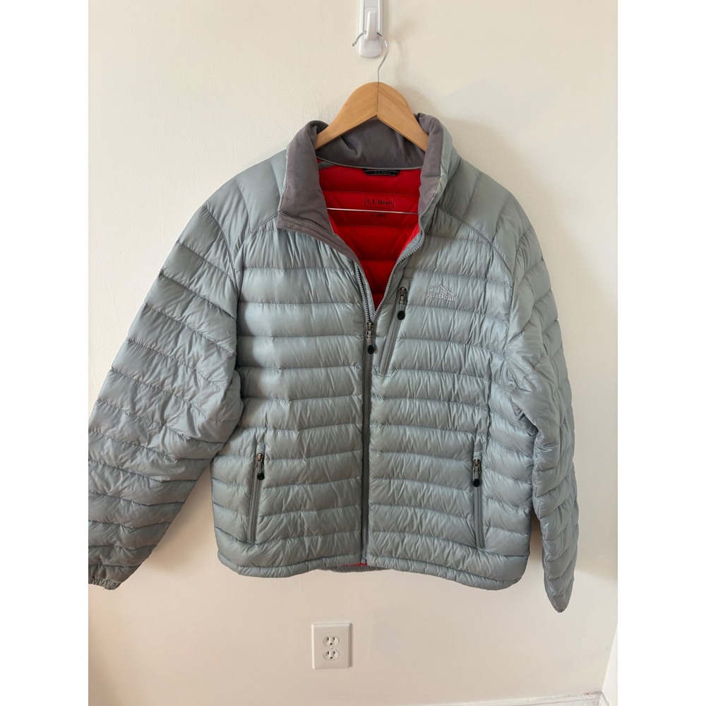 LL Bean Ultralight 850 Down Puffer Jacket Mens Large Blue Gray Red Lining